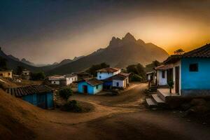 uma Vila às pôr do sol com montanhas dentro a fundo. gerado por IA foto