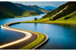 uma grandes exposição foto do uma estrada e lago. gerado por IA