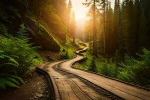 uma de madeira caminho dentro a floresta com a Sol brilhando. gerado por IA foto