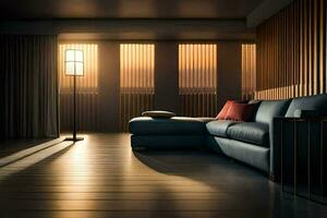 uma moderno vivo quarto com uma azul sofá e uma lâmpada. gerado por IA foto
