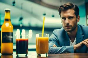 uma homem sentado às uma mesa com uma vidro do laranja suco. gerado por IA foto
