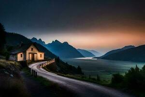 uma pequeno casa senta em a lado do uma estrada dentro a montanhas. gerado por IA foto