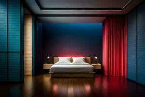 uma quarto com azul paredes e vermelho cortinas. gerado por IA foto