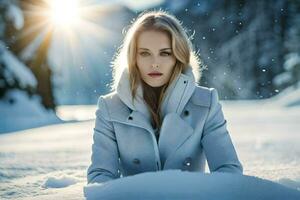 uma lindo Loiras mulher dentro uma inverno casaco sentado dentro a neve. gerado por IA foto