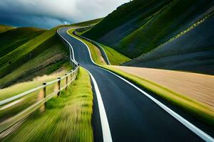 uma longo, enrolamento estrada dentro a montanhas. gerado por IA foto