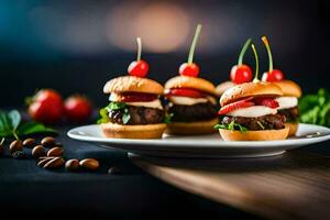 mini hambúrgueres em uma prato com cereja tomates. gerado por IA foto