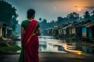 uma mulher dentro uma vermelho sari carrinhos dentro frente do uma rio. gerado por IA foto