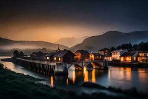 uma ponte sobre uma rio às crepúsculo com casas e montanhas dentro a fundo. gerado por IA foto