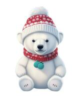 pequeno Urso de pelúcia Urso dentro uma caloroso chapéu gráfico para inverno ou Natal foto