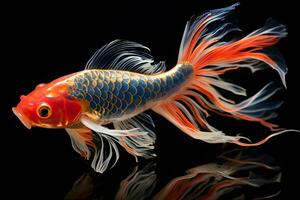 pequeno brilhante colori koi peixe isolado Preto fundo generativo ai foto