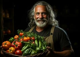 feliz agricultor homem segurando cesta do fresco legumes e sorridente. generativo ai. foto