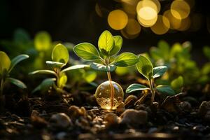 sustentável meio Ambiente e verde investimento. luz lâmpada e globo estão colocada em solo. generativo ai. foto