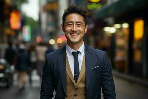 retrato do uma bonito sorridente jovem ásia chinês homem de negocios patrão dentro uma terno caminhando em uma cidade rua para dele companhia escritório. generativo ai. foto