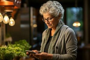 comunicação e pessoas conceito Senior mulher com Smartphone às lar. generativo ai. foto