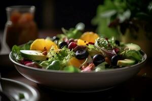fresco salada prato com misturado verdes. saudável Comida conceito. seletivo foco. foto
