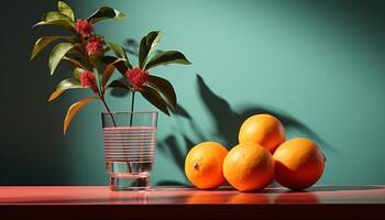 fresco fruta dentro vaso, natureza Comida em mesa, fechar acima gerado de ai foto