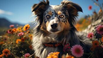 fofa cachorro sentado dentro grama, olhando às amarelo flor gerado de ai foto