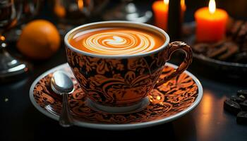 quente café em de madeira mesa, uma acolhedor e refrescante beber gerado de ai foto