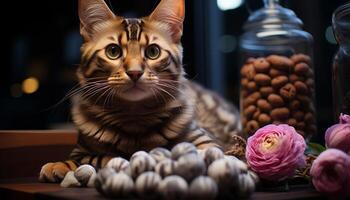 fofa gatinho sentado em mesa, encarando com brincalhão curiosidade gerado de ai foto