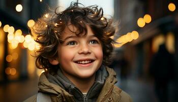 alegre garoto, sorridente, olhando às Câmera, desfrutando inverno noite gerado de ai foto