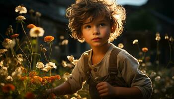 sorridente criança sentado dentro Prado, segurando flor, desfrutando natureza gerado de ai foto