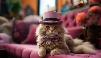 fofa gatinho sentado em sofá, olhando às Câmera com elegância gerado de ai foto