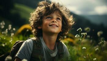 sorridente criança goza natureza beleza, explorando ao ar livre com alegria gerado de ai foto