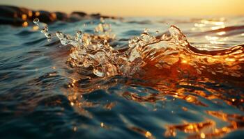 pôr do sol onda espirrando em água superfície, refletindo dourado crepúsculo beleza gerado de ai foto
