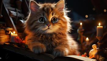 uma fofa gatinho sentado de uma vela, lendo uma livro gerado de ai foto