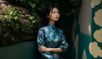 ásia mulher vestindo tradicional japonês quimono em pé dentro jardim. ai generativo foto