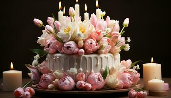 uma doce sobremesa, luz de velas celebração, Rosa flor decoração gerado de ai foto