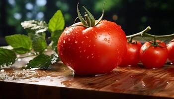 fresco orgânico tomate, uma saudável fatia em uma rústico de madeira mesa gerado de ai foto