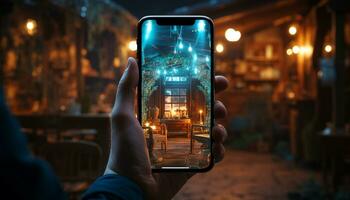 uma homem de negocios segurando uma Smartphone, fotografando a cidade às crepúsculo gerado de ai foto