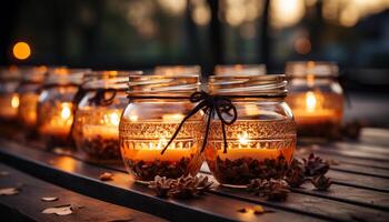 mesa decoração luz de velas ilumina a Sombrio outono noite gerado de ai foto