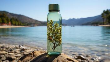 uma refrescante beber do água dentro uma verde vidro garrafa gerado de ai foto