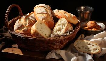 recentemente cozido pão, uma gourmet refeição em uma rústico mesa gerado de ai foto