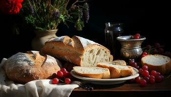 recentemente cozido ciabatta pão em de madeira mesa, uma gourmet refeição gerado de ai foto