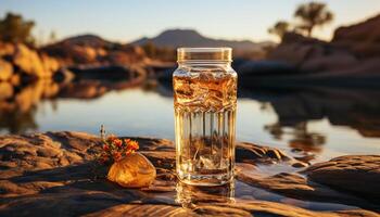 refrescante beber em uma de madeira mesa de a tranquilo água gerado de ai foto