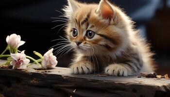 fofa gatinho sentado ao ar livre, olhando às Câmera com curiosidade gerado de ai foto