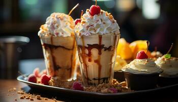 uma refrescante gelo creme sundae com açoitado creme e fruta gerado de ai foto