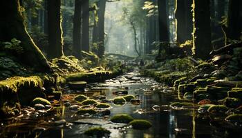 tranquilo cena do uma molhado floresta com verde árvores e folhagem gerado de ai foto