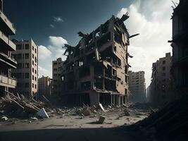 ilustração do bombardeado edifícios dentro conflito guerra fogo e destruição ai gerar foto