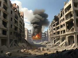 ilustração do bombardeado edifícios dentro conflito guerra fogo e destruição ai gerar foto