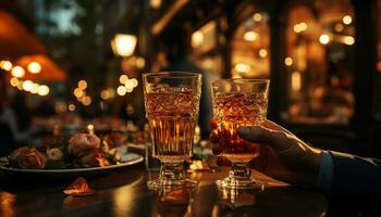 período noturno celebração às uma bar, homens relaxar com bebidas e fogo gerado de ai foto