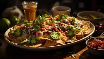 fresco guacamole e taco em uma de madeira placa, pronto para comer mexicano refeição gerado de ai foto