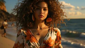 jovem mulher com grandes Castanho cabelo desfrutando uma verão pôr do sol gerado de ai foto