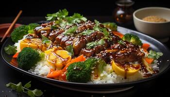 grelhado carne, fresco vegetais, saudável refeição, salgado molho, gourmet cozinha gerado de ai foto