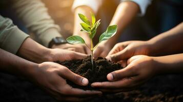 mãos segurando uma plantar com solo. generativo ai foto