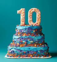 aniversário bolo Projeto com número 10. 10º aniversário poster. generativo ai foto