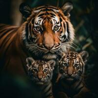 fechar acima detalhado retrato do mãe e criança tigre família animal, generativo ai foto